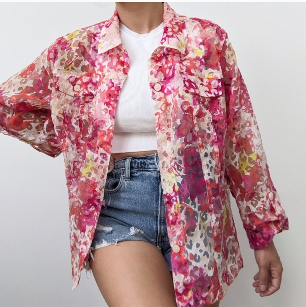 JM Collection Pink Sheer Animal Print Button Down Shirt / Shacket Size Large
